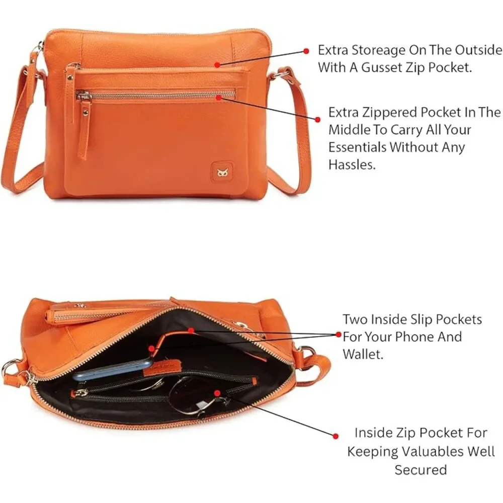 Women Orange Imported Leather Polyester Soft Pebbled Crossbody Shoulder Bag - Picture 3 of 4